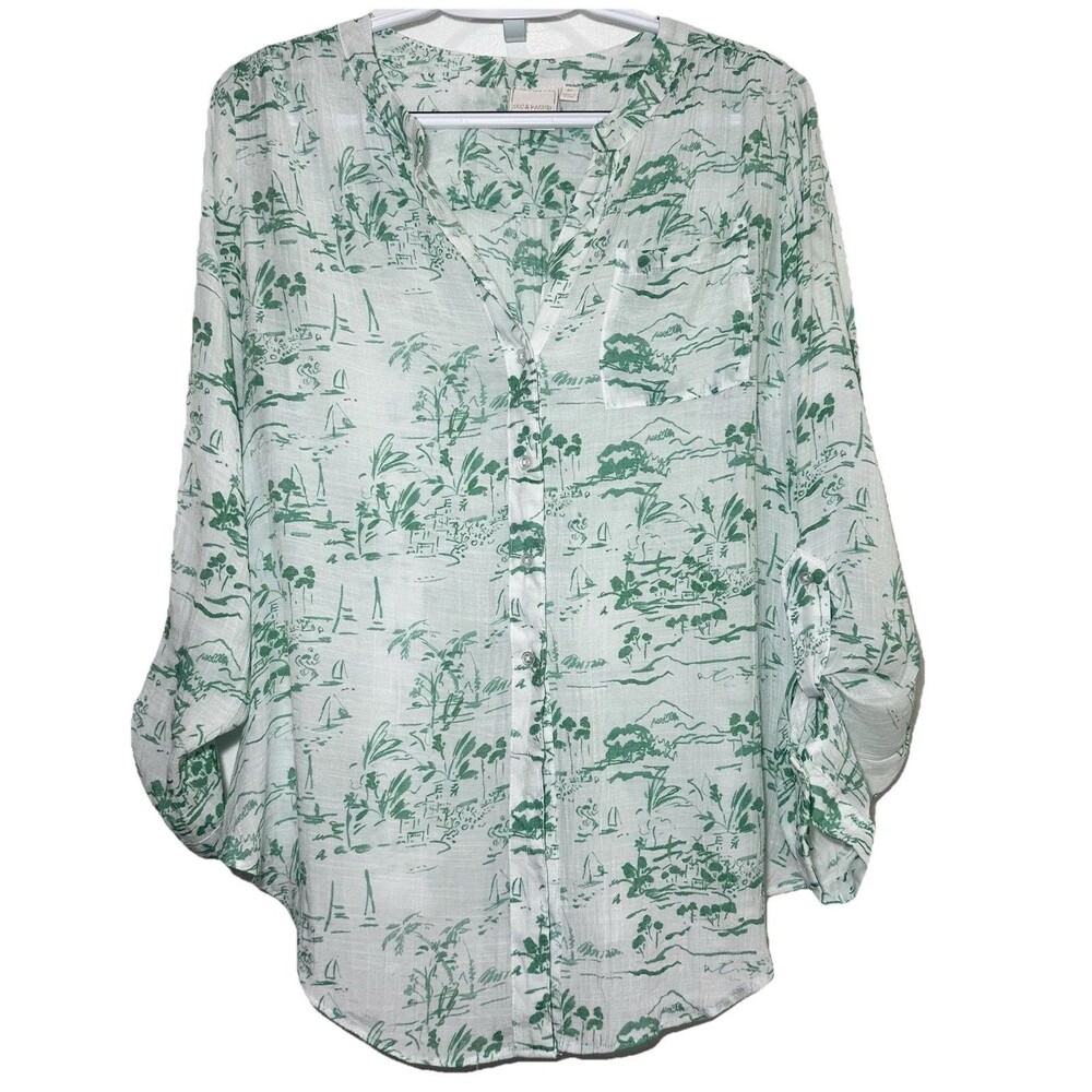 Zac & Rachel M Green White Toile Print Blouse Rayon Roll Tab Sleeve High Low Top